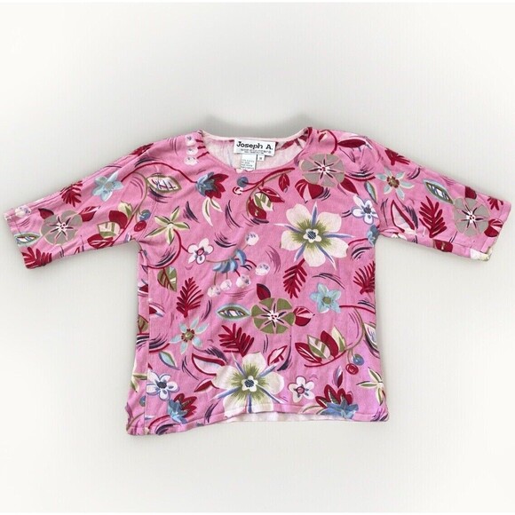 JOSEPH A Qu'Est-Ce Que C'Est Silk‎ Top Medium Tropical 3/4 Sleeve Ribbed Blouse - Picture 1 of 5